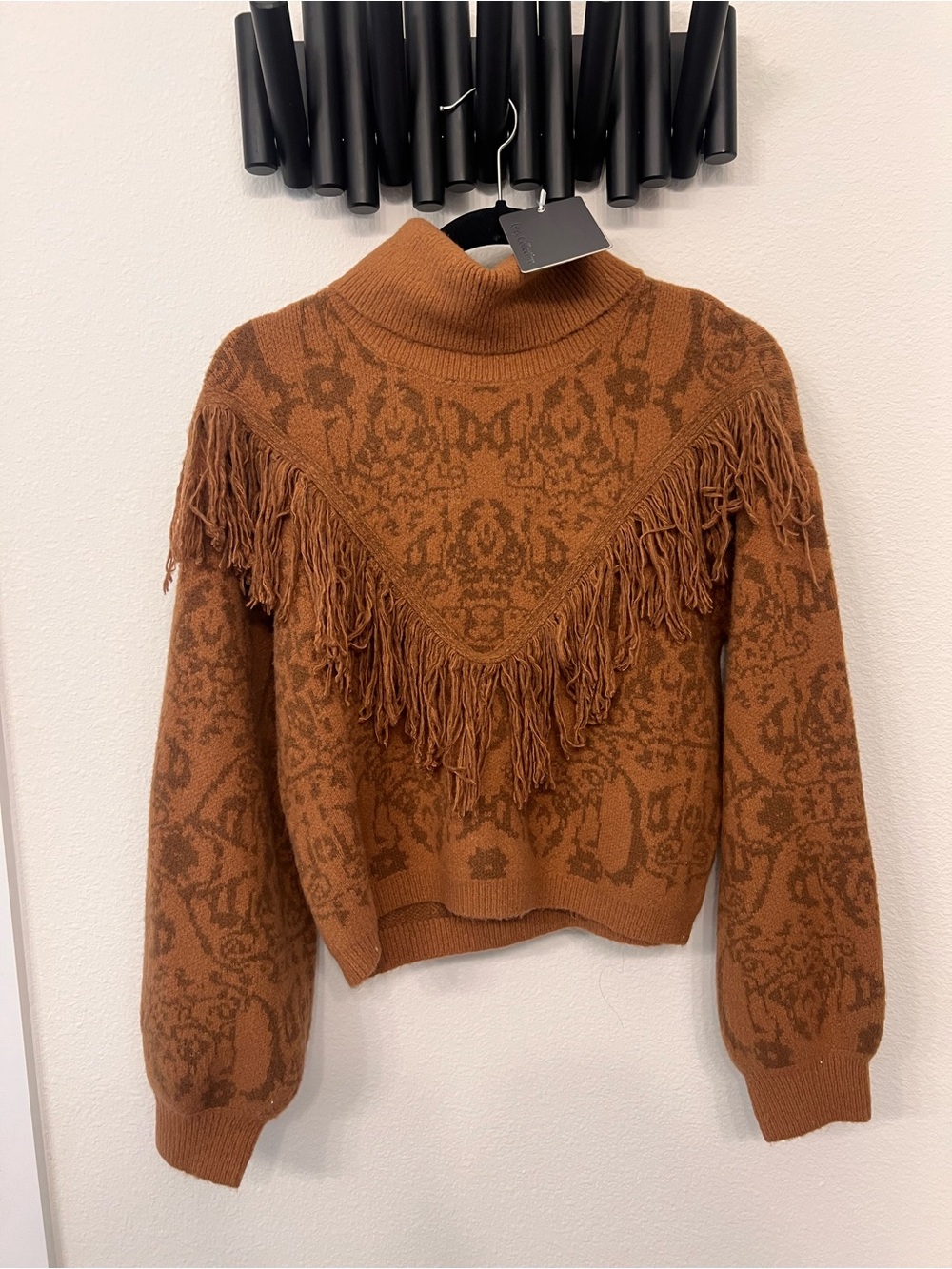 Grey Collective Rust Brown Fringe Jacquard Mock Neck Sweater